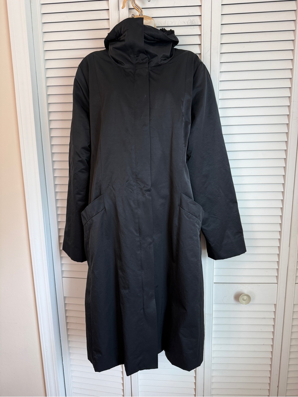 Eileen Fisher Long Midweight Nylon Jacket Coat Large Mock Neck Fleece Lined Rain